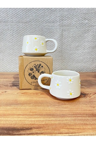 Bulut Papatya Desenli El Yapımı Seramik Kupa, Mug, Türk Kahvesi