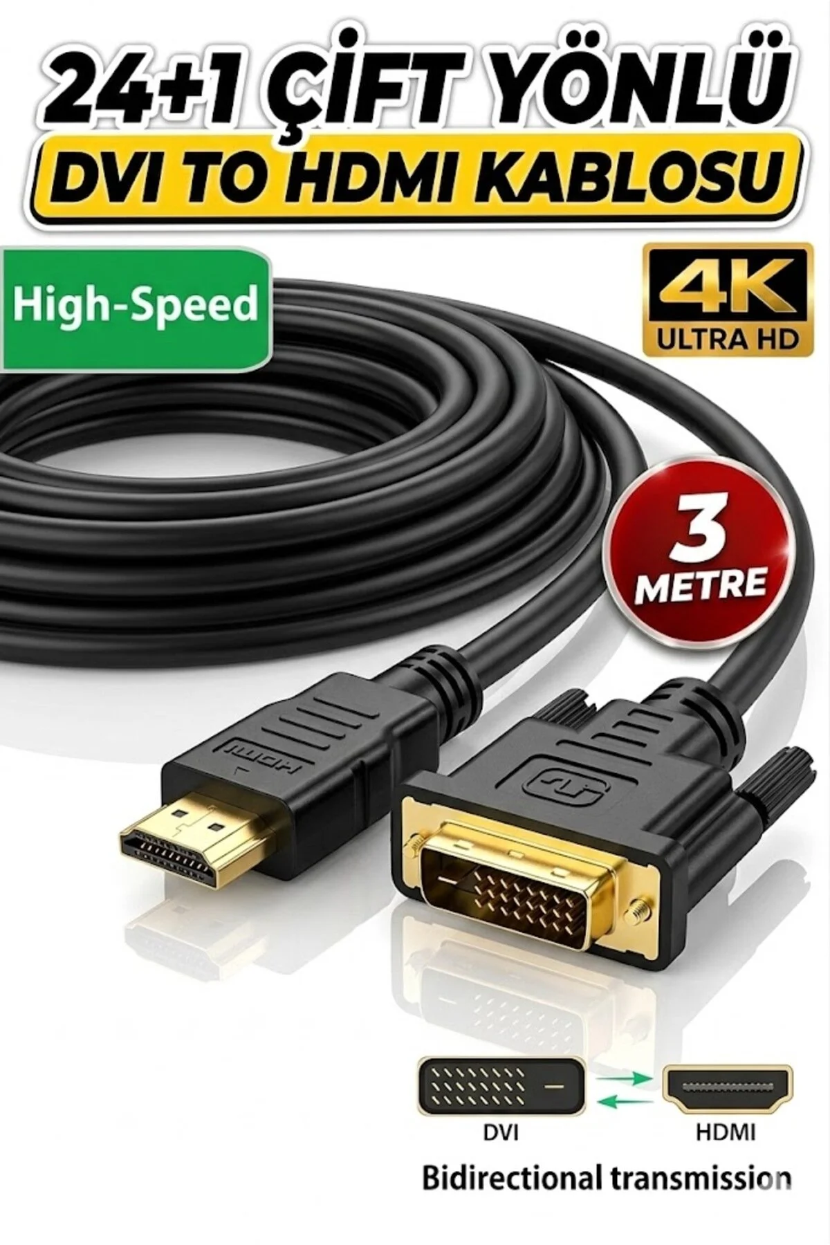 3 Metre 3m Hdmi Dvi 24 1 Dvi To Hdmi Kablo Altın Uçlu Hdmı-dvı Kablosu Tv Pc Projektör Ps4/3 Kablo 001
