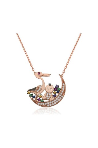Gümüş Leylek ve Bebek Kadın Kolye (551165093)