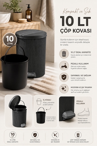 Porsima 0706 Still 10 Litre Pedallı İç Kovalı Çöp Kovası Antrasit Yuvarlak Banyo Ve Mutfak Çöp Kovası Yok
