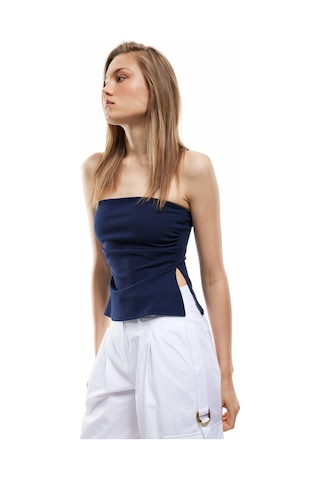 Koton Krep Scuba Kumaş Drape Detaylı Asimetrik Straplez Üst Lacivert 5sak10017ek Lacivert