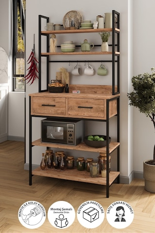 Bofigo Mutfak Standı 2 Çekmeceli 5 Raflı Kahve Köşesi Mutfak Rafı Mutfak Bangosu Vietnam Çam