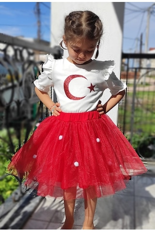 Novy Baby Novy-23 Nisan Türk Bayraklı Omuz Fırfırlı KızÇocuk Tişört 2-9 Yaş