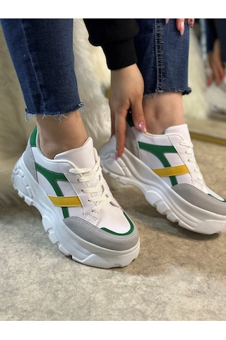 Günlük Kadın Sneaker Kalın Yüksek Taban Bağcıklı Rahat Tiger Şeritli Spor Ayakkabı 032 09-taş Yeşil Sarı