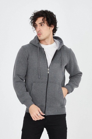 Barlashive Erkek 3 İplik Pamuklu Fermuarlı Kapüşonlu Kanguru Cepli Hoodie Hırka Sweatshirt - Füme Çok Renkli