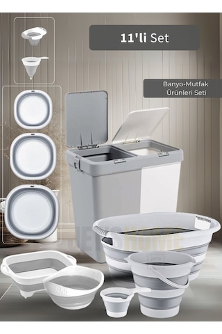 11'li Set Çamaşır Sepeti- Katlanır Sele- Badya- Kova- Maşrapa- Süzgeç- Kesim Panosu-huniler Bpa Free Beyaz - Gri