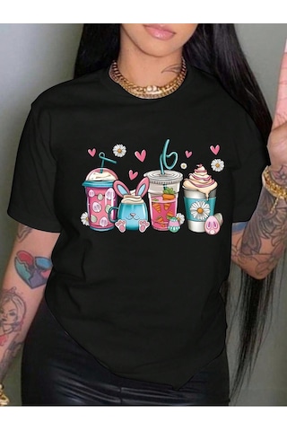 İçecekler T-shirt - Siyah Baskılı Oversize Bisiklet Yaka Kısa Kol Tişört Siyah