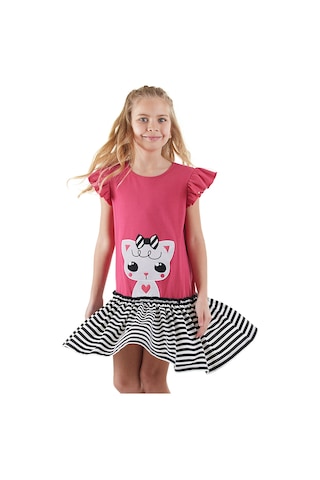 Denokids Kedicik Kız Çocuk Fuşya Yazlık Elbise Renkli Çok Renkli