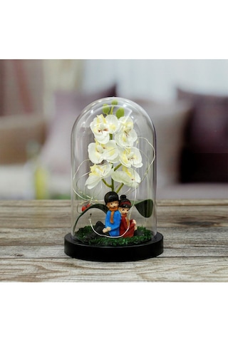 Mobgift Orkide Altında Romantik Çift Tasarımlı Işıklı Fanus Beya Beyaz