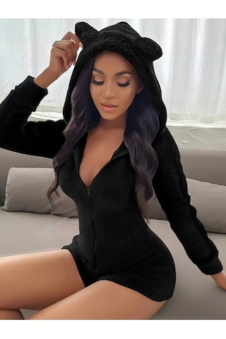 Munn Collection Kadın Uzun Kollu Kapişon Ve Fermuar Detaylı Peluş Şort Tulum Siyah