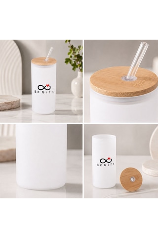 Logonuza Özel 5 Adet Pipetli Cam Matara 600 Ml Ahşap Kapaklı Kurumsal Suluk Beyaz