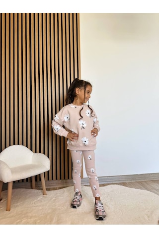 Kız Çocuk Çiçek - Leopar Detaylı 3 İplik Alt Üst Takım Sweatshirt + Tayt Pudra Papatya