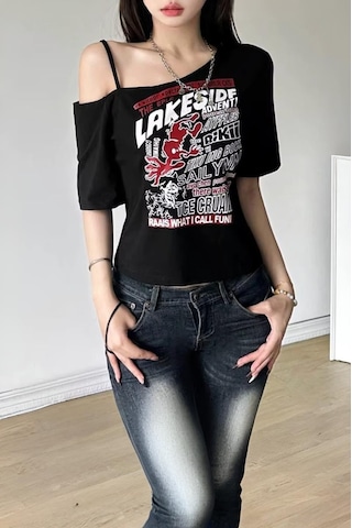 Siyah Lakeside Omuz Dekolteli Askılı Y2k Kısa Kollu Crop-17997 Siyah