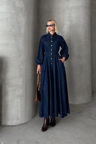 Olcay Beli Büzgülü Çıt Çıt Kapamalı Denim Elbise Koyu Mavi 9249-e