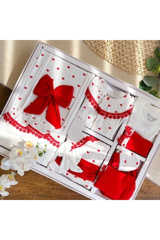 Dantel Yaka 10 Parça Kız Bebek Hastane Çıkışı Kutulu Kırmızı