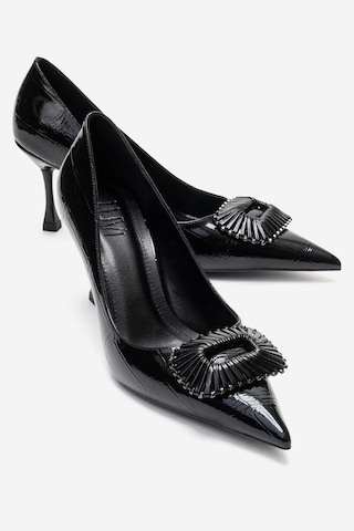 Luvishoes Rebel Siyah Baskılı Tokalı Kadın Topuklu Ayakkabı Siyah