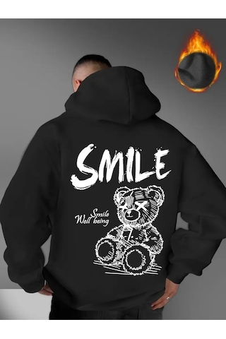 Nevermind Unisex Oversize Smile Yazılı Hoodie Trend Streetwear Kapüşonlu Siyah
