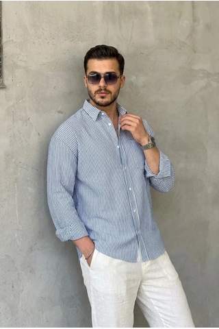 Valensdesign Erkek İnce Çizgili Gofre Kumaş Rahat Kalıp Gömlek Lacivert