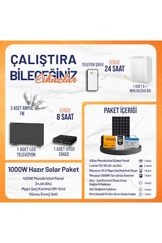 1000w Off-grid Güneş Enerji Sistemi 400w Monokristal Panel + Jel Akü + Mppt Şarj Kontrol Cihazı