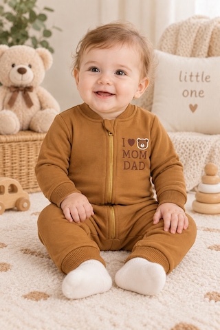 Beniizle Baskılı Unisex 3 İplik Şardonlu Fermuarlı Bebek Tulum Kahverengi