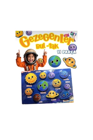 11 Parça Ahşap Bul-tak Gezegenler Eğitici Ve Eğlenceli Uzay Temalı Oyuncak Puzzle