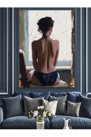 Ahşap Tablo Sırtı Dönük İç Çamaşırlı Seksi Kadın Yağlı Boya Çalışması