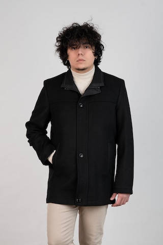 Yakalı Klasik Kesim Fermuarlı Kaşe Erkek Kaban Siyah