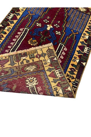 El Dokuma Eskitme Vintage Yahyalı Halısı Seccade 59x104 Kök Boya Yün Küçük Namazlık Renkli