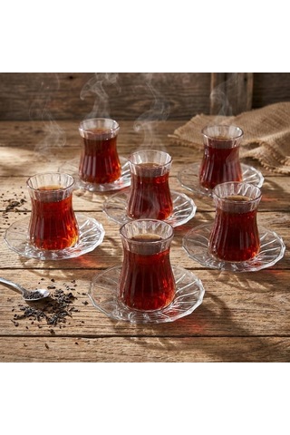 Lexroo 12 Parça Çay Seti - 6 Adet Fitil Desenli Cam Çay Bardağı Ve 6 Adet Cam Çay Tabağı Çok Renkli