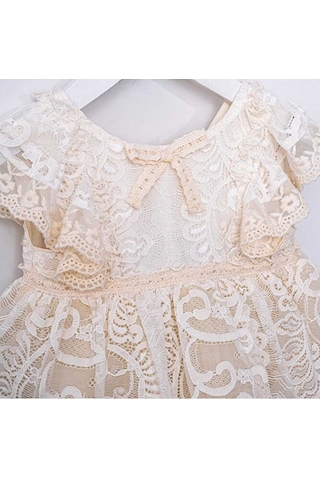 Ministok Mary Sırt Kısmı Fiyonk Detaylı Dantelli Kız Bebek Romper Ekru