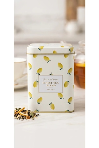 Limon Desenli Bej Sarı Metal Çay Saklama Kutusu