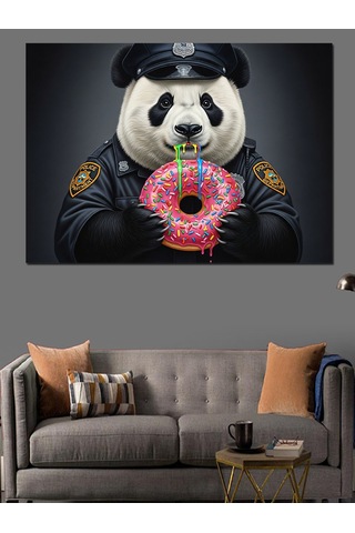 Panda Polis Pembe Donat Yiyor Dekoratif Kanvas - Mdf Ahşap Tablo