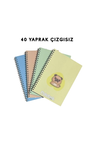 A5 Spiralli Sevimli Defter 40 Yaprak 4'lü Tamamı Çizgisiz