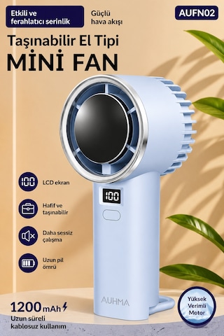 Exenar - Mavi - Güçlü Portatif Mini El Fanı 1200 Mah Dijital Ekranlı Şarjlı Vantilatör 5 Kademeli Fan Mavi