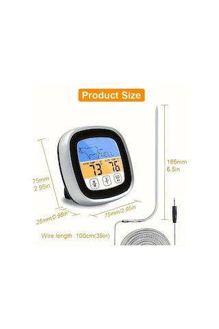Honeybeeshop Siyah 1 Adet Cift Ekranli Dijital Et Termometresi Buyuk Dokunmatik Ekran Paslanmaz Celik Prob Bbq Pisirme Firinlama Icin Ideal