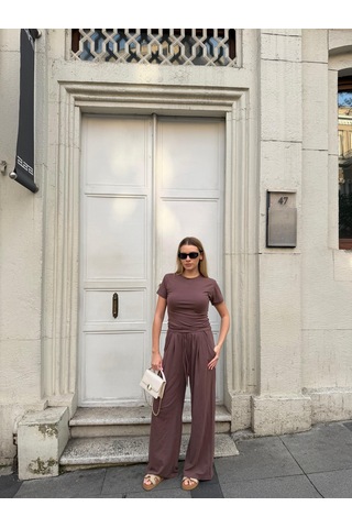 Bonacosa Kadın Viskon 3 Lü Takım Kimono + Beli Lastikli Salaş Pantolon + Kısa Kol Tshirt 8 Renk Kahverengi