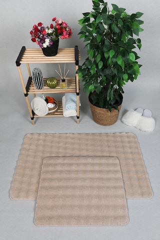 Modern Bubble Yıkanabilir Kaymaz Peluş Banyo Paspası Halısı 2'li Klozet Takımı 50x80-50x40cm Açık Bej