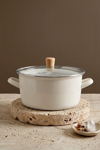 Master Pro Cook Ahşap Kulplu,paslanmaz Saplı Krem Süzgeçli Emaye Kızartma Tenceresi 22 Cm Krem