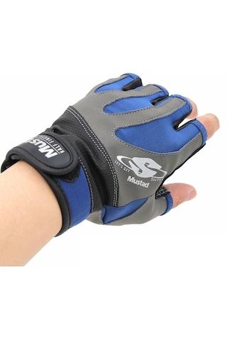 Mustad L Beden Half Finger Casting Balıkçı Eldiveni Mavi - Siyah