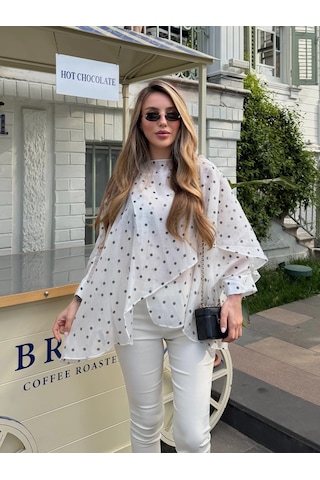 Laluvia Beyaz Puantiyeli Uçuşan Pelerin Bluz - 5088 Çok Renkli