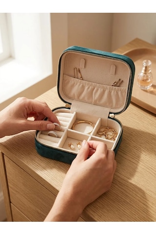 Takı Kutusu Düzenleyici Seyahat Çantası Kolye Yüzük Küpe Organizer Kadife Petrol Yeşili 12cmx8cm