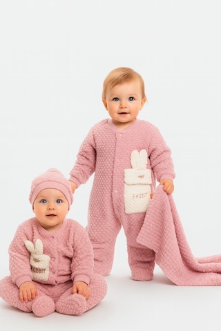 Milays Kız Bebek Jakarlı Welsoft Tulum Zıbın Bere Ve Battaniyeli 5 Li Takım Toz Pembe