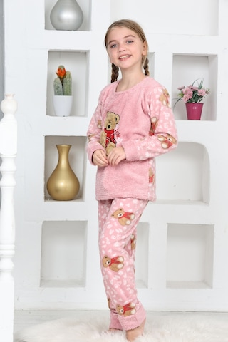 Kız Çocuk Welsoft Kumaş-göz Bantlı Ayıcık Baskılı Pijama Takımı 12293 Gül Kurusu