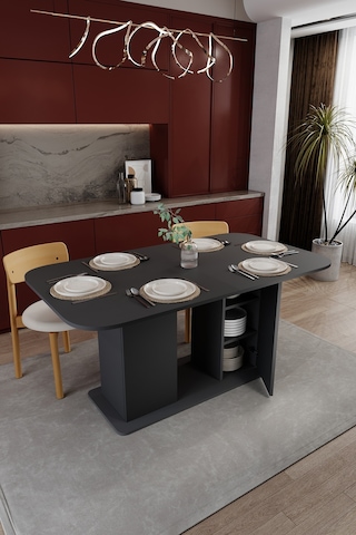Modern Dolaplı 6 Kişilik Mutfak Yemek Masası %100 Mdf Mutfak Yemek Odası Masası Ym06 Antrasit