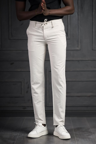 Perpant Slimfit Beli Lastikli Ve İplikli Likralı Çizgili Jogger Pantolon Krem
