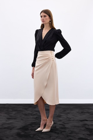 Sateen Düğme Detaylı Kalem Etek - Bej-136777 Bej