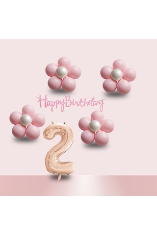 2 Yaş Pembe Papatya Temalı Rosegold Rakam Pembe Happy Birthday Banner Doğum Günü Süsleme