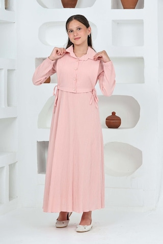 Kız Çocuk Uzun Boy Gofre Kumaş Jile & Elbise İki Parça Takım Astarlı Zarif Set-4948 Pudra
