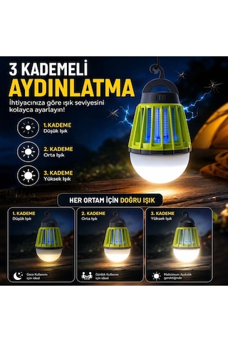 Şarj Edilebilir 3 Kademeli Kamp Lambalı Uv Işıklı Taşınabilir Askılı Sivrisinek Kovucu