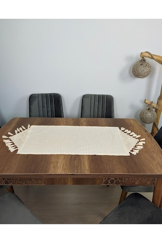 El Dantelli Püsküllü Runner Ranır Örtü Buldan Işi Monika Keten Sehpa Masa Üstü Örtüsü Şömen 45x100